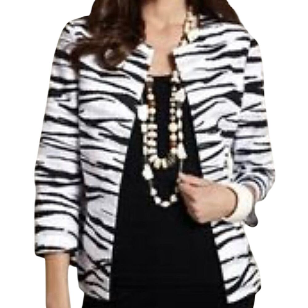 Chico's Open Front Blazer M 8 Zebra Animal Jacquard Cotton Jacket Black White